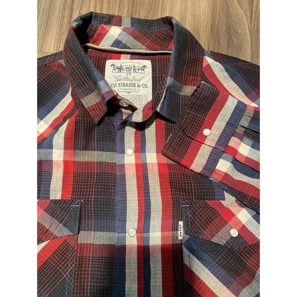 Levis Western Shirt Men M Red Blue White Plaid Snap Front Two Horse Brand Cowboy